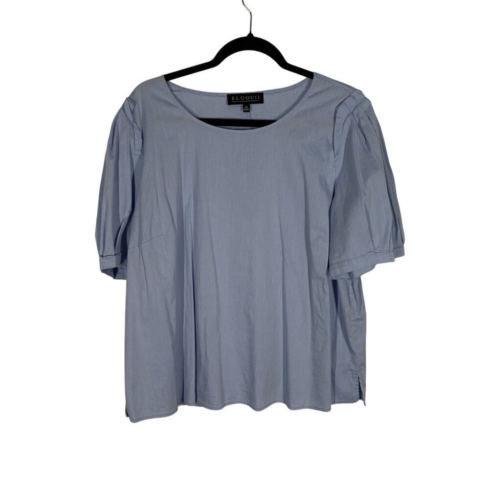 Eloquii Women Plus Size 20 Blue Crew Neck Pleated Puff Sleeve Pullover Blouse